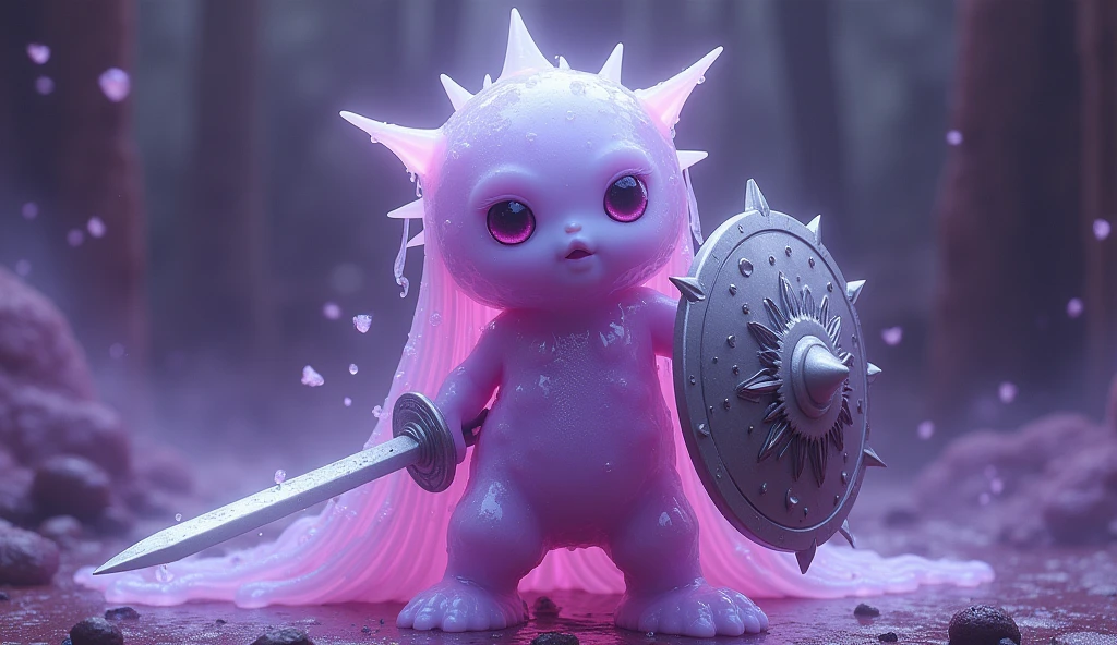 ((Highest quality)), ((masterpiece)), (detailed),A gel-like, disintegrating creature、Purple、No limbs、Holding a metal hero&#39;s shield in one hand and a metal hero&#39;s sword in the other、Her face is cute、One person、
