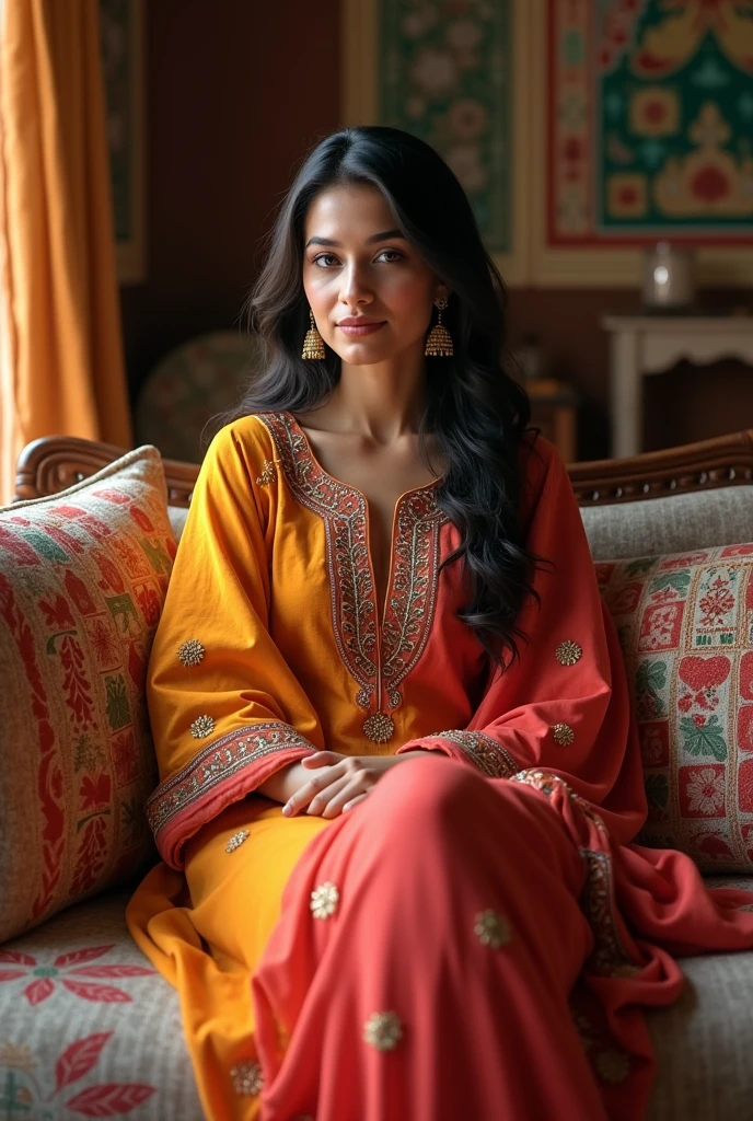 Create a Indian women image in leggings and kurti sitting on sofa 