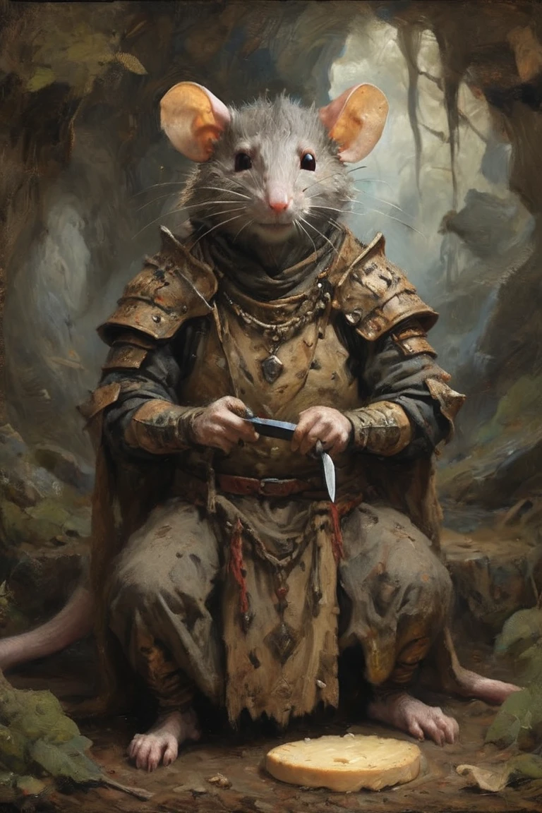 Absurd Wabi-Sabi, a Rat Man，With cheese，In the forest cave, Dressed in elegant tribal-era armor， Surrealism, Holding a knife