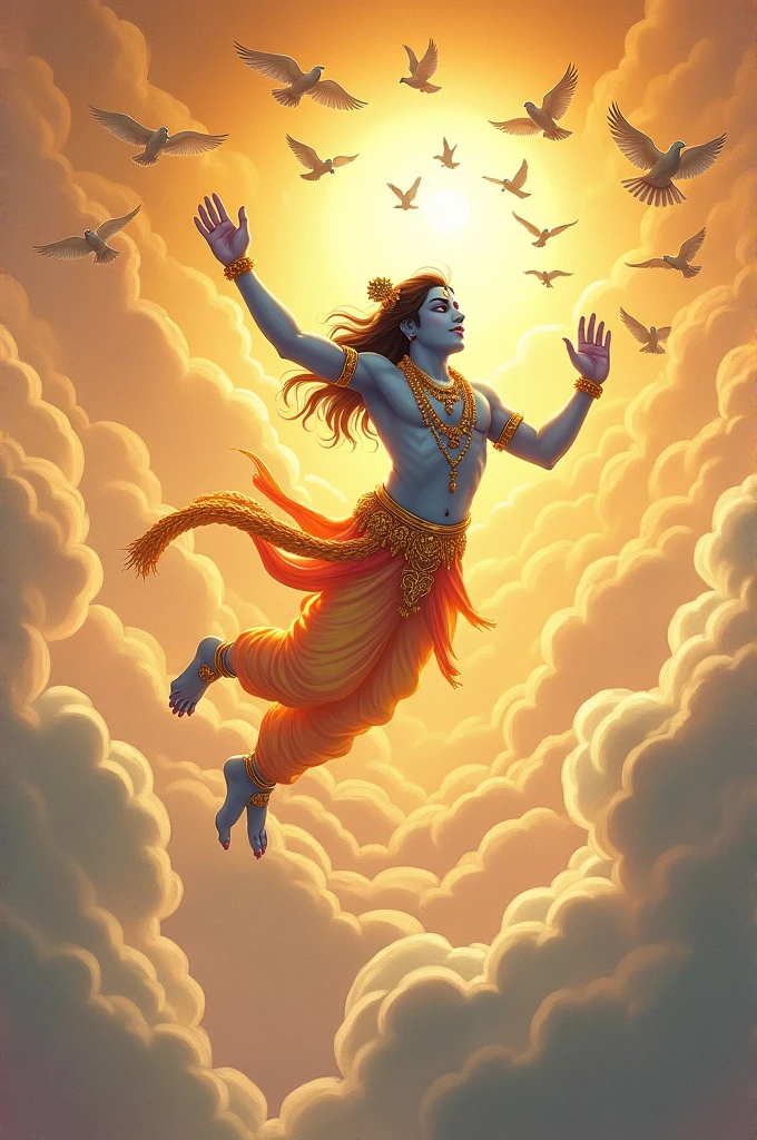Krishna is flying with birds.