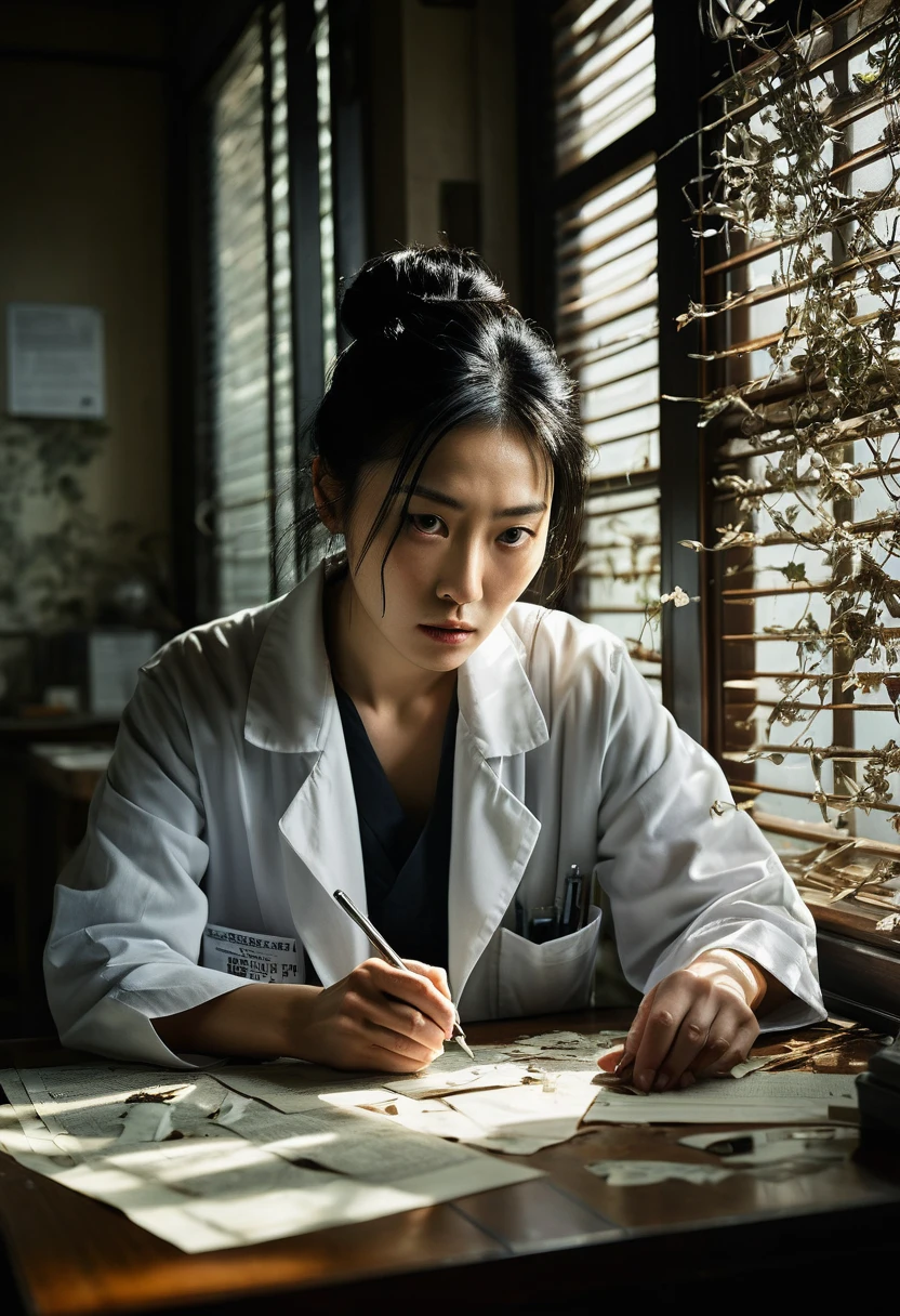 Beautiful botanical genius, Misaki Sato, 28, Japanese, long black hair in a messy bun, concentrated expression, in a dimly lit laboratory, early morning sunlight streaming through venetian blinds, creating stark shadows, papers and broken glass strewn across floor, empty clematis specimen case prominent on central table, drawers pulled out, computer with cracked screen, distraught genius Beautiful botanical Misaki in foreground, hand over mouth, eyes wide with shock, wearing previous day's wrinkled lab coat, detective in background taking notes, forensic team dusting for fingerprints, police tape across doorway, other scientists whispering in hallway visible through open door, clock on wall showing 7:15 AM, hyper-realistic, dramatic lighting, crime scene photography style, intricate detail, faded, highly detailed eye, highly detailed eye, 16k resolution, RAW, Nikon Z9, creative, masterpiece, fantasy, super detailed, high resolution, high quality, 8k, realistic, super detailed Dramatic Lighting, Soft Focus, Digital Illustration, Intricate Mechanics, Advanced Techniques, Dark Backgrounds, Cinematic, High Contrast, Moody, Strict, Atmospheric, (Top Quality, 4k, 8k, High Definition, Masterpiece: 1. 2), Ultra-Detailed, (Realistic, Graphic, Photorealistic: 1. 8) -- No glass --AR 16:9 --Stylize 1000
