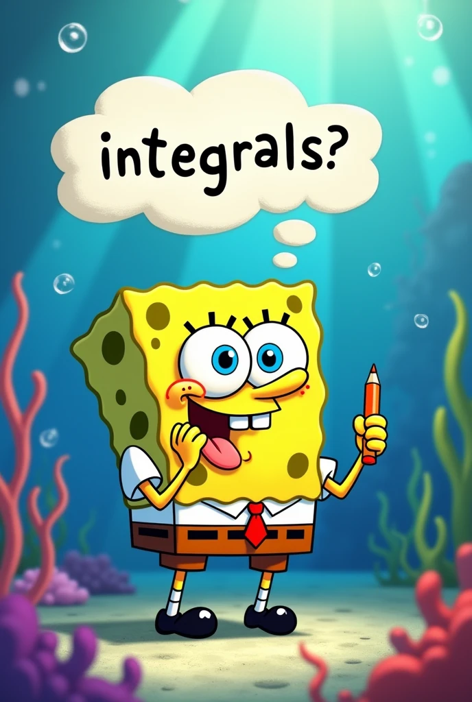Create an image where SpongeBob appears thinking with a pencil in his hand and with his tongue out and with a text that says &quot;integrals&quot; so that that is his thought 