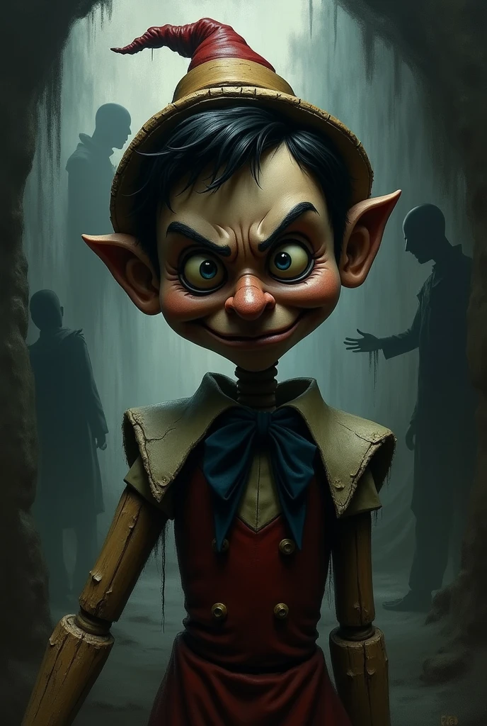 Portrait de Pinocchio en méchant dans un décor sombre et lugubre