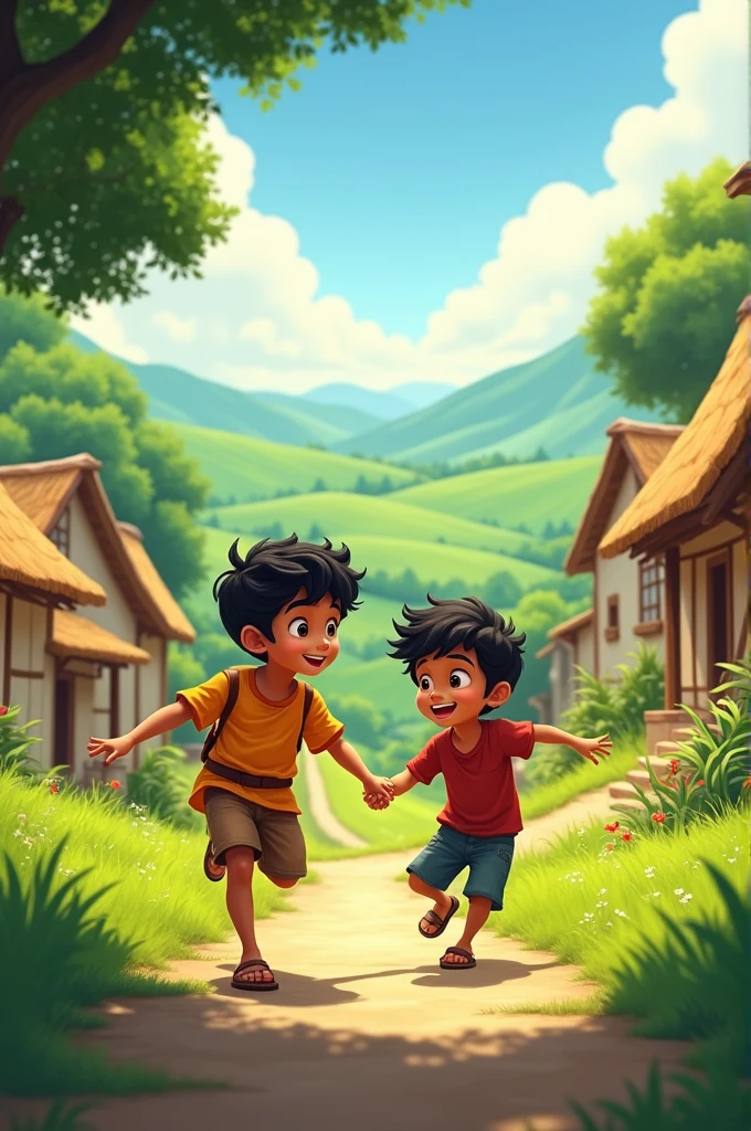 A serene village with small houses, rolling green hills in the background, and two boys, Raju and Kishan, playing together.
