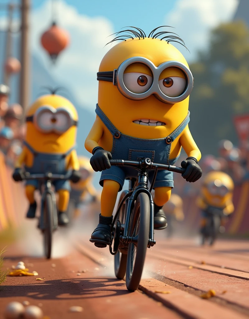 Minion Kevin black bike in Ultimate Bike Race, Kevin sees the finish line ahead.. He put all his strength into pedaling quickly to the finish line., overcome some other Minions, with a determined face.destination on bike