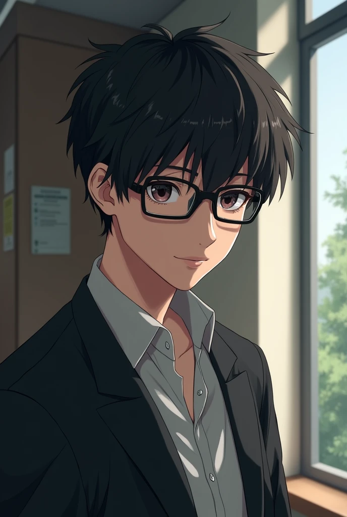 A high school boy wearing glasses, black hair, black eyes, tall, good looking, fair skin, small eyes, a nerd who is good at studying, square black glasses, crew cut hair, hair covering the eyebrows, hair covering the forehead, an introvert, not sweet but not strong, small eyes.