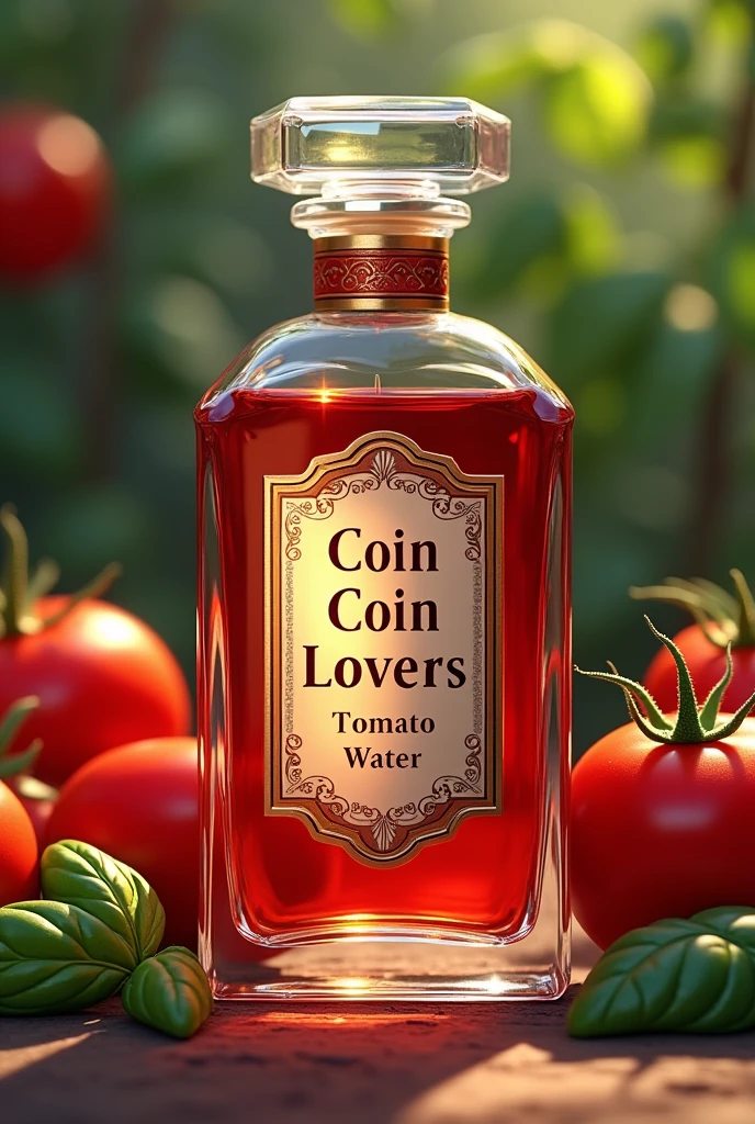 Image d’illustration vintage flacon transparent rouge de parfum inscrit « Coin Coin Lovers » inscrit « Eau de Tomate », en arrière plan des tomates et dû basilic