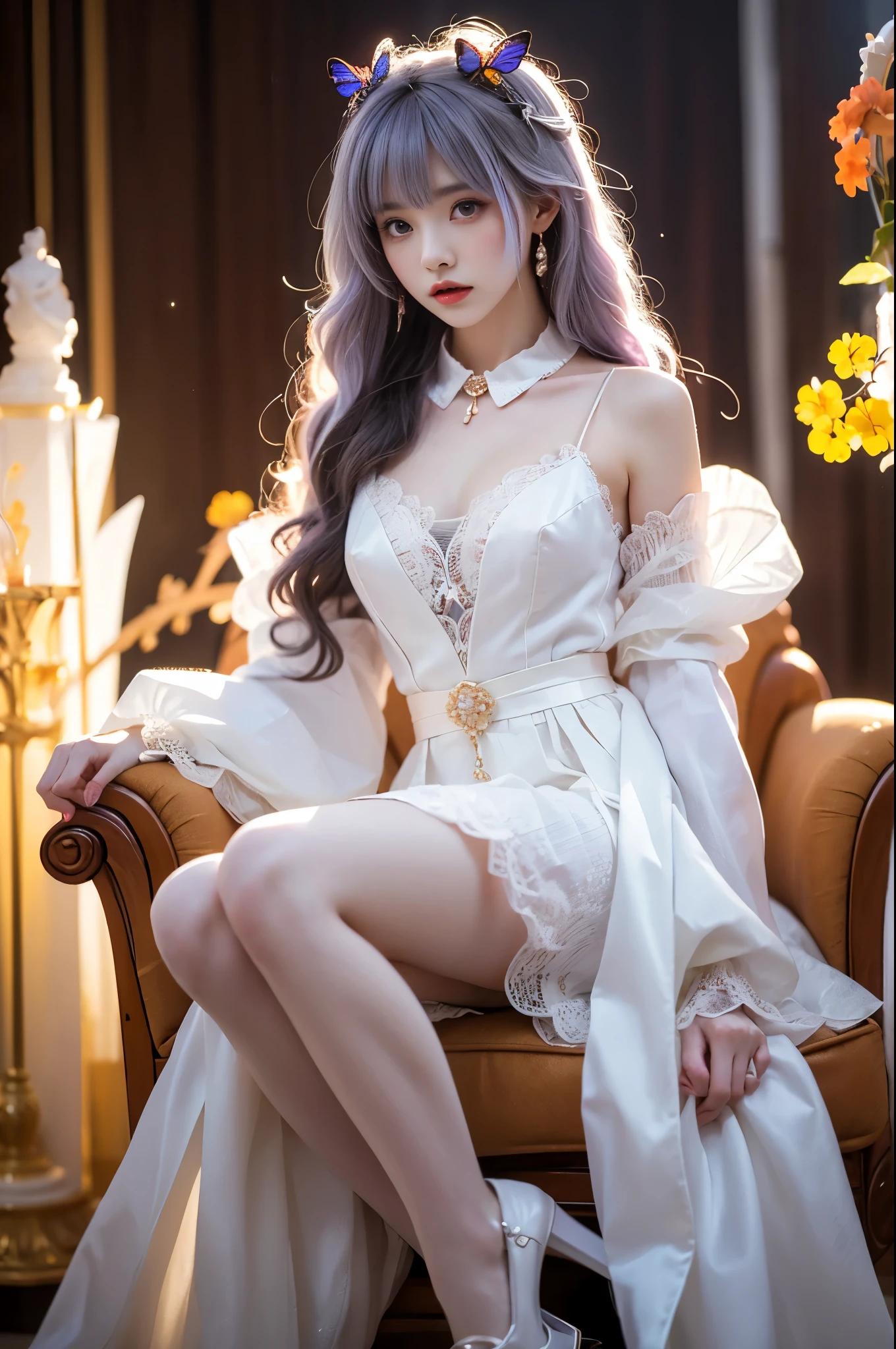 1girl,ahoge,white dress,light purple hair,long hair,white pantyhose,detached sleeves,detached collar, single_Side_Good, Elegant posture, She gently lifted her skirt with one hand,头发周围有白色的Butterfly兰，Lilac dendrobium、White Lily, Long legs , Deep in Wonderland, ((Flowing long hair))Official Art , Unity8k Wallpaper , Extremely detailed , Visible cleavage, Pretty and beautiful , 性感Long legs, masterpiece , best quality ,Practical, Very detailed illustrations ,Extremely detailed , Intricate details , Extremely complex and detailed , Very detailed 8KCG wallpaper , Caustics .reflection , Ray Tracing , Devil theme ,nebula ,Dark aura, Network Effects , (1 girl)solitary , 小蓝Butterfly , (Blue plasma flame , (insect , Butterfly)) Pastel tones in Rococo style ,Light white and light dark red , Incredibly beautiful , Cherry blossoms , Surrealism ,painting , Ethereal , Mixing reality and fantasy elements ,Ray Tracing , Complex Mode , Exquisite lines , Perfect your hands, Starry Sky , Colorful , Star