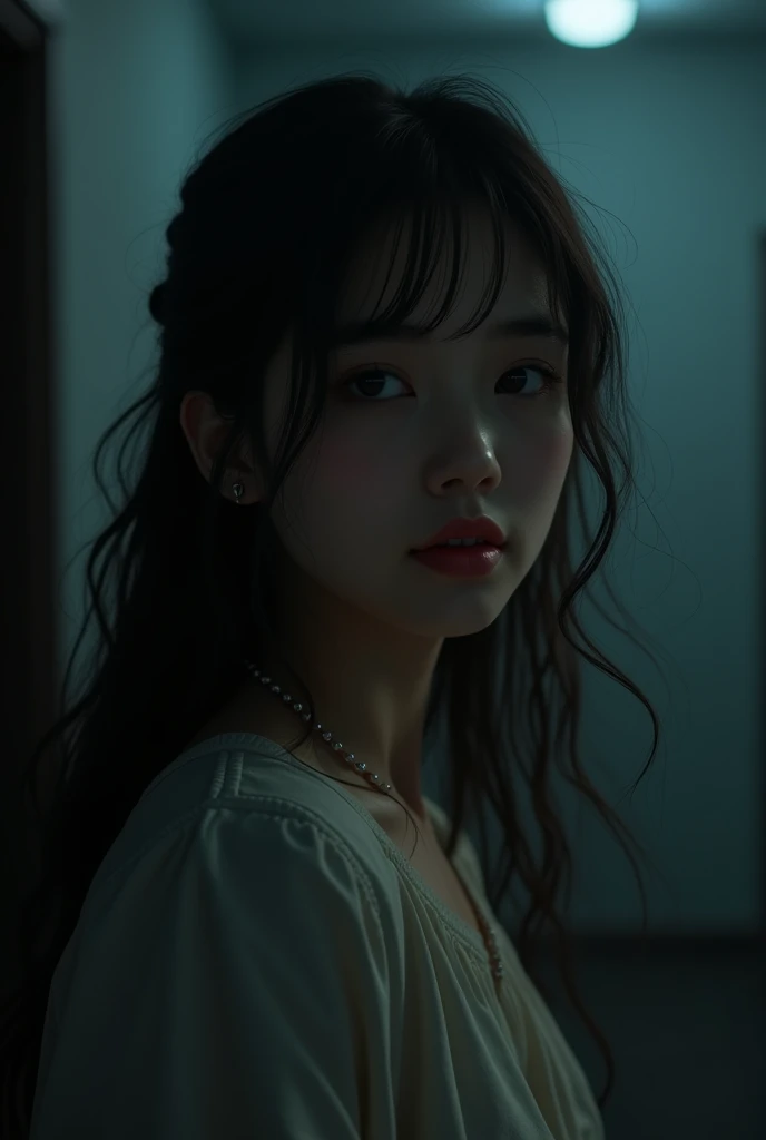 a cute girl in a dark room . highlight . haira