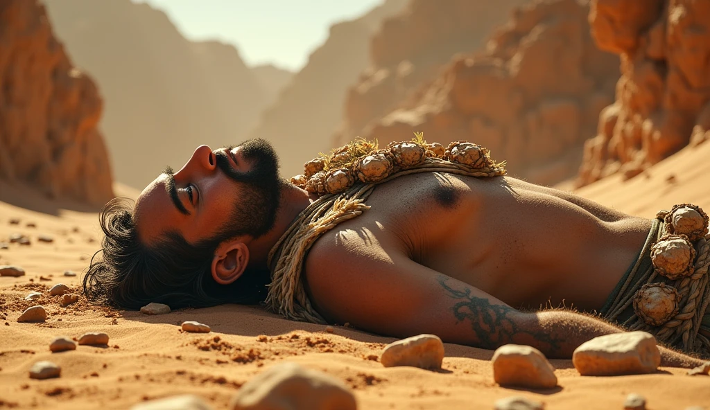 "Create a powerful and emotional scene that portrays a man enduring great hardship in a desert setting. He is shown lying on the hot sand, with large stones weighing down on his chest, his face reflecting a mixture of pain and unbreakable faith. The surrounding environment should be barren and harsh, with the intense sunlight casting sharp shadows. The overall mood of the image should convey suffering, resilience, and deep spiritual strength. No text or specific names should be included in the image."