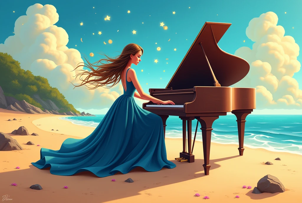 woman wearing navy blue dress playing piano at beach. warm and fantasy with cartoon style .