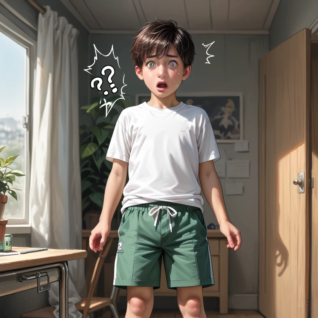 score_9, score_8_superior, score_7_superior, score_6_superior, score_5_superior, score_4_superior, super realistic),(alone, shota boy, , (detailed eyes, detailed face, wearing a white t-shirt and green shorts), standing, shocked, hold, the genitals in livingroom