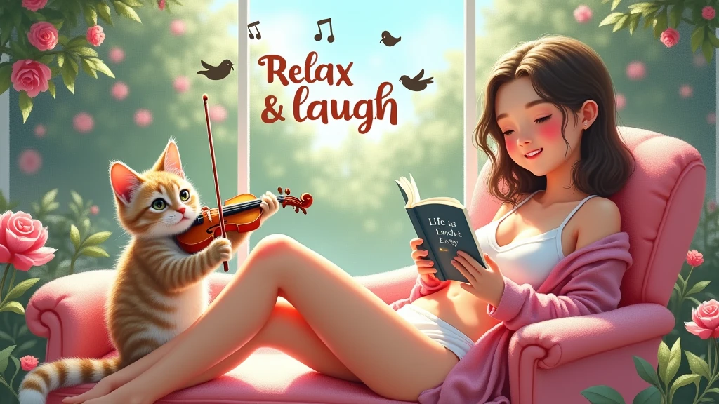 a very cute girl, ,Smiling Chi ,wearing white bikini, Pink sheer fabric jacket relaxing on love seat, music headphones, and read a book titled “Life is easy”. There are three little birds singing musical notes by the window.. From the window looking out is a flower garden.. A cute cat is playing the violin., flying notes. has text "Relax & Laugh” to, written in bold black in the middle of the picture. The painting gives a feeling of peace and relaxation.. Bức tranh chia làm 3 bức tranh chia làm 3 theo hàng ngang.