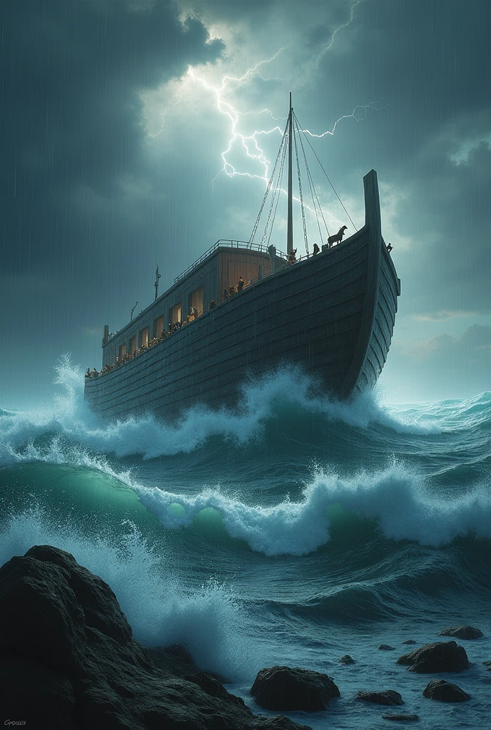 A big storm, in the middle of the ocean and Noah&#39;s ark in the middle of the waves.