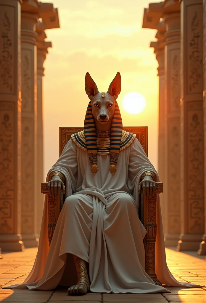 (((Anubis on the throne))) best quality, very high resolution, 4K detailed CG, masterpiece, Egyptian mythology, Anubis, sun in the background, Ancient Egypt, sitting pose, dog head, white clothes, Egyptian clothes, egyptian temple, desert, ancient egypt, ((dog's head, man's body)), egyptian palace, aesthetics, beautiful image, centered on screen, standing pose