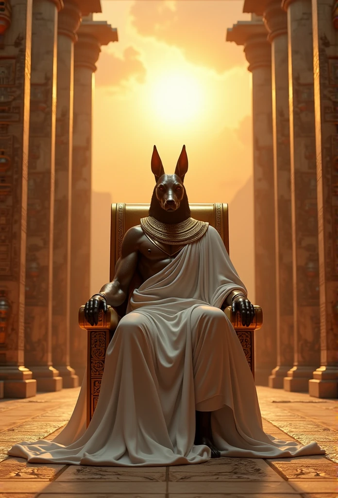 (((Anubis on the throne))) best quality, very high resolution, 4K detailed CG, masterpiece, Egyptian mythology, Anubis, sun in the background, Ancient Egypt, sitting pose, dog head, white clothes, Egyptian clothes, egyptian temple, desert, ancient egypt, ((dog's head, man's body)), egyptian palace, aesthetics, beautiful image, centered on screen, standing pose