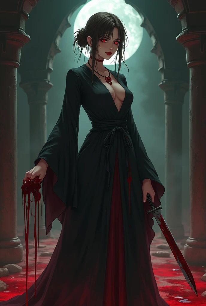 Anime style. Full body imagery of a Beautiful, evil cult leader with brown hair tied in a bun. Dark red lips curled up into a smile. Black blood stained robes tight against her perfect body. A bloody dagger in her hand as she completes another ritual sacrifice of a costumed hero. In a dark temple with a bloody sacrificial altar.