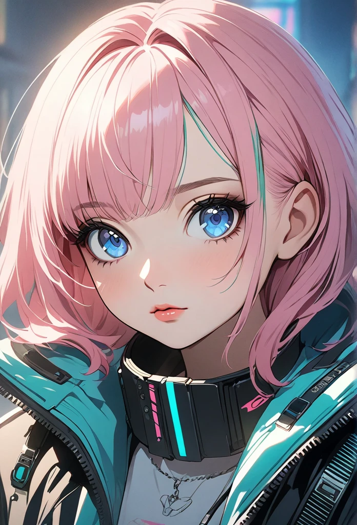 woman, Realistic characters, Green hair and pink hair, blue eyes, anime, alone, Modern, cyber punk
