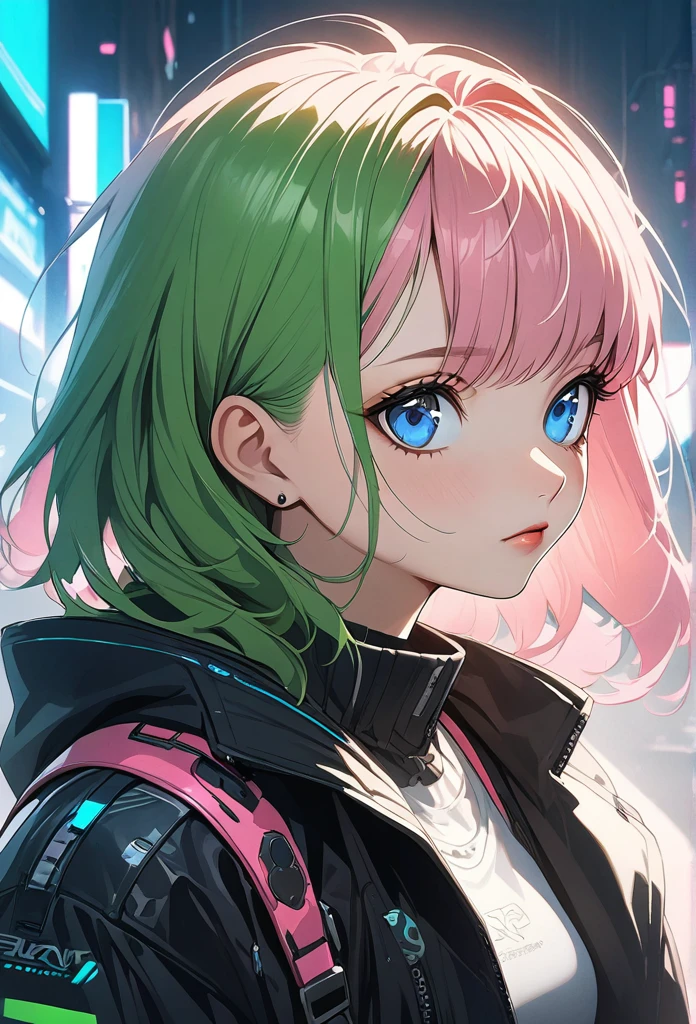 woman, Realistic characters, Green hair and pink hair, blue eyes, anime, alone, Modern, cyber punk