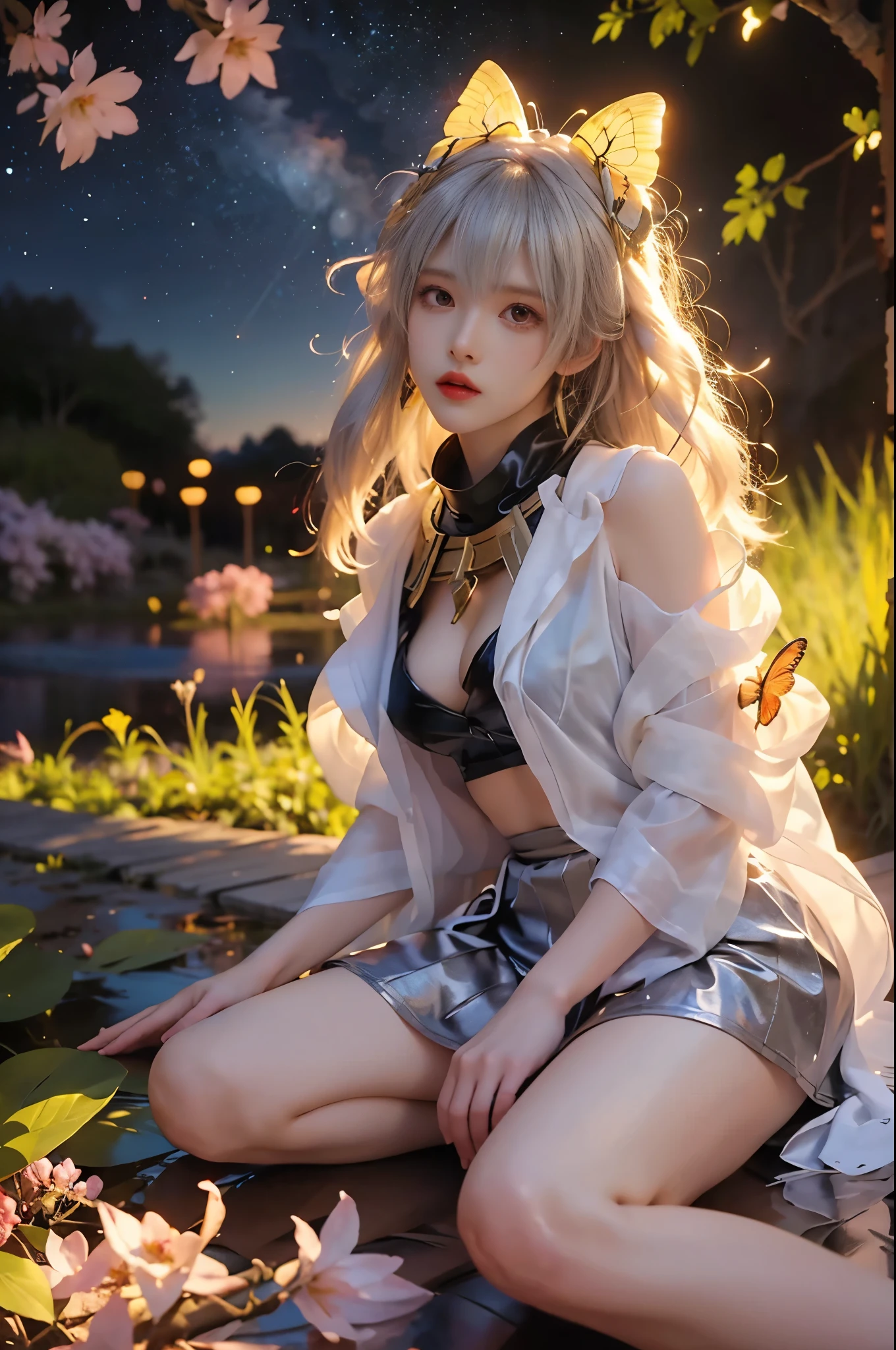 Prometheus elegant posture, She gently lifted her skirt with one hand,头发周围有白色的Butterfly兰，Lilac dendrobium、White Lily, Long legs , Deep in Wonderland, ((Flowing long hair))Official Art , Unity8k Wallpaper , Extremely detailed , Visible cleavage, Pretty and beautiful , 性感Long legs, masterpiece , best quality ,Practical, Very detailed illustrations ,Extremely detailed , Intricate details , Extremely complex and detailed , Very detailed 8KCG wallpaper , Caustics .reflection , Ray Tracing , Devil theme ,nebula ,Dark aura, Network Effects , (1 girl)solitary , 小蓝Butterfly , (Blue plasma flame , (insect , Butterfly)) Pastel tones in Rococo style ,Light white and light dark red , Incredibly beautiful , Cherry blossoms , Surrealism ,painting , Ethereal , Mixing reality and fantasy elements ,Ray Tracing , Complex Mode , Exquisite lines , Perfect your hands, Starry Sky , Colorful , Star