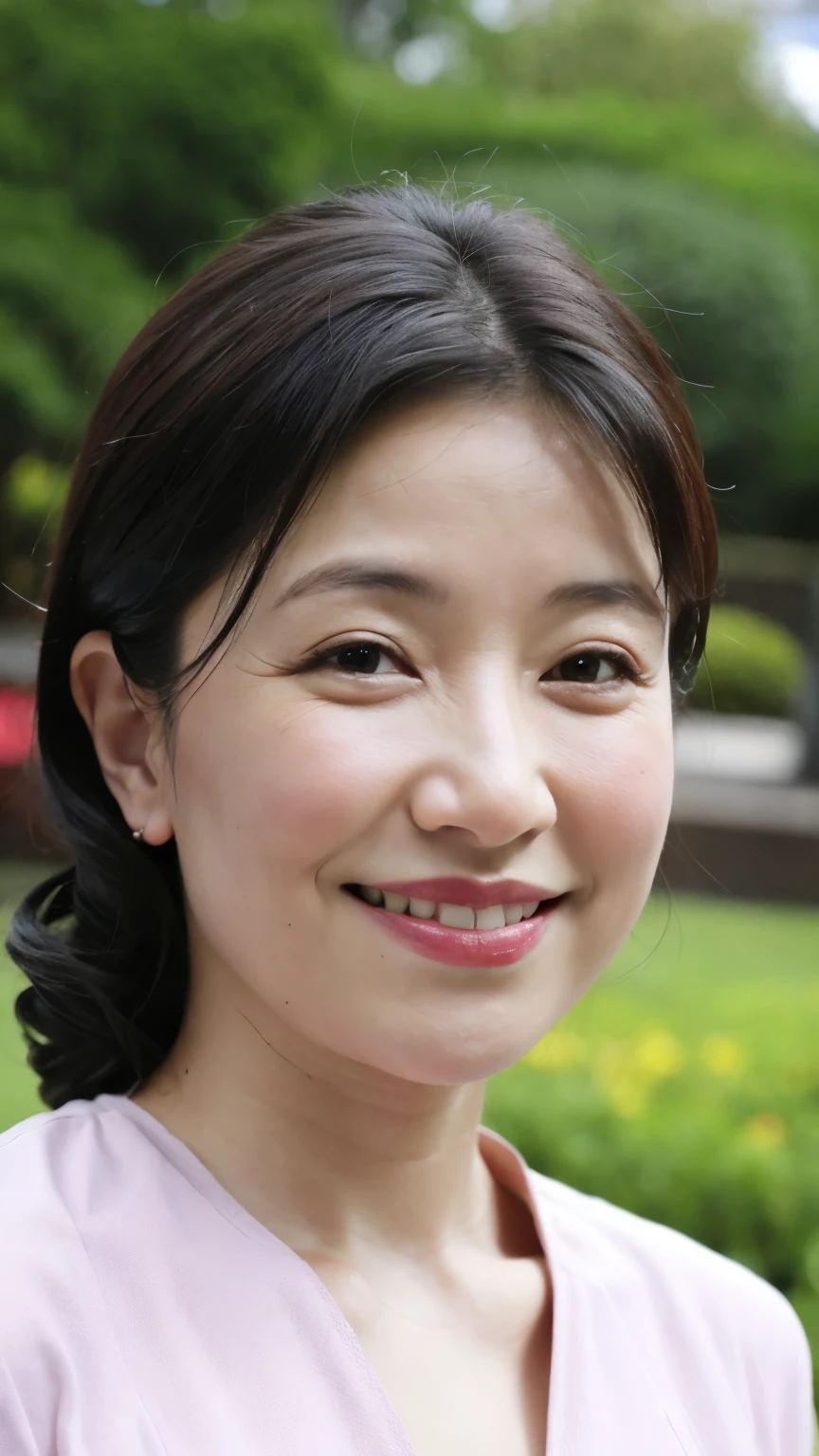 最high quality, In 8K, Masseter region, Real, Sharp focus, high quality, High resolution, Detailed face, Detailed eyes, Thick lips, Background Blur, alone, Middle-aged women, , 5, , Wavy Hair, Cleavage, Wearing a plain short-sleeved knit, Afternoon in front of the park garden, Wrinkles around the eyes, Smiling with teeth showing