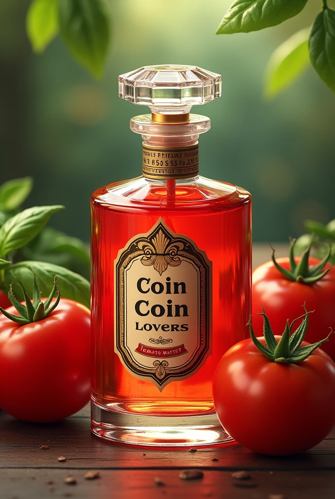 Image d’illustration vintage flacon transparent rouge de parfum inscrit « Coin Coin Lovers » inscrit « Eau de Tomate », en arrière plan des tomates et dû basilic 