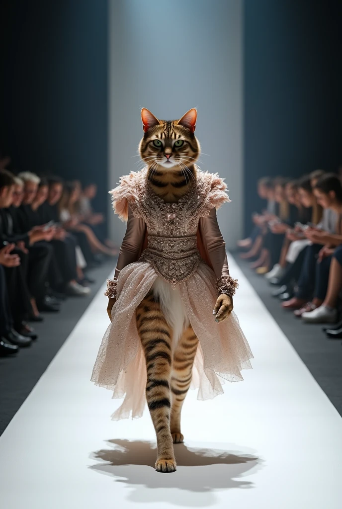 A beautiful cat cloth cutting salting different different rane standup walking down the runaway at a fashion show,