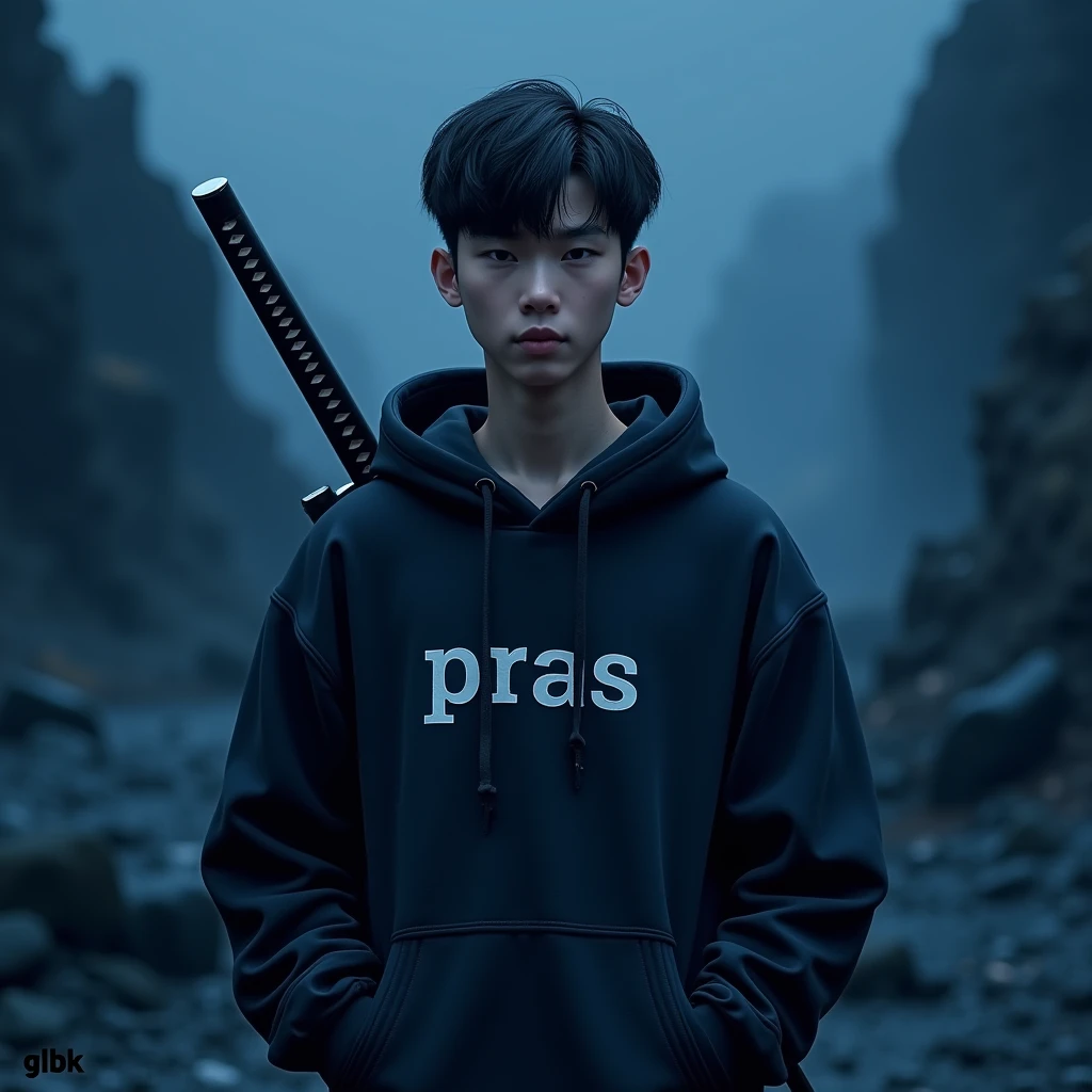 Create a character hoodie, {background: darkness blue vulcano}, realistic, HDR, use glasses, handsome, korean style, full body, use katana, age 20, hoodie text: “PRAS”, backgound text HD: “GLBK”