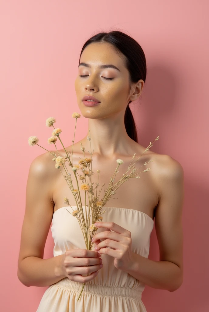 Creative and aesthetic Shoot  with pink or white background of female model with props applied rice mud face mask light brown colour . Use props in hands in pictures