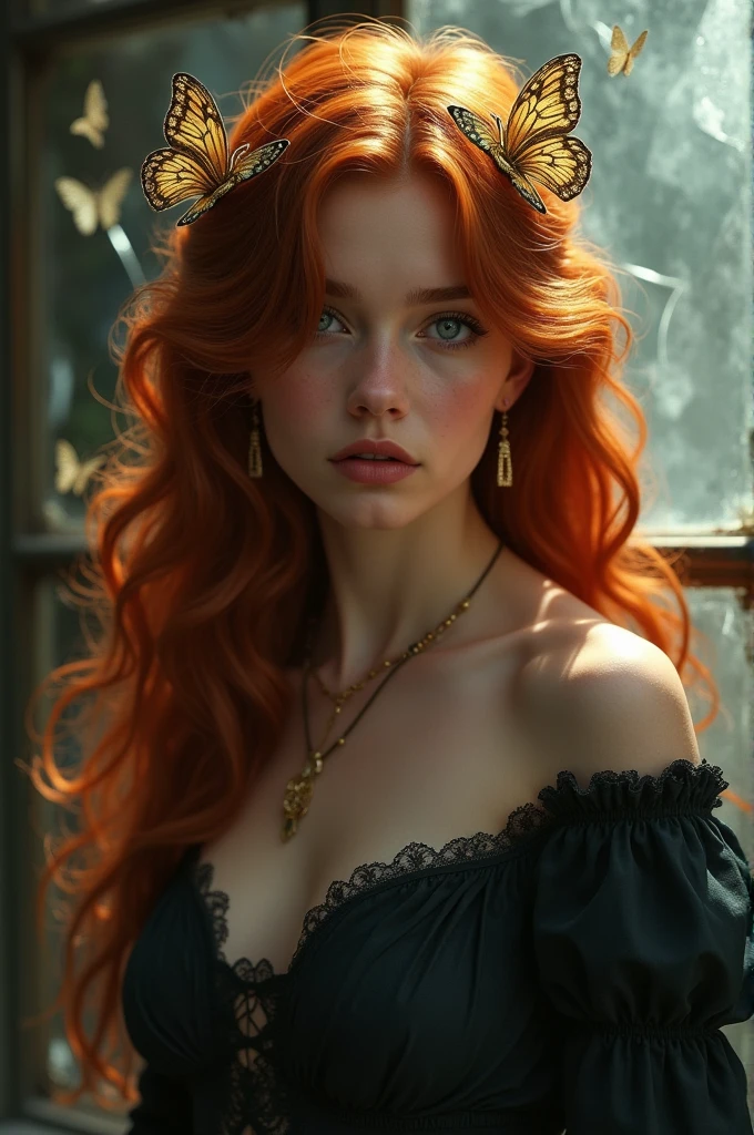 (solo, full body photo:1.3), (action packed:1.3), (haze, fog, mist:1.3), chiaroscuro, best quality, photorealistic, 1woman, (cute), (24yo:1.2), redhead, long ginger hair highly detailed, 1700'S, digital photography, art by artgerm and ruan jia and greg rutkowski surreal painting gold butterfly filigree, broken glass, (masterpiece, sidelighting, finely detailed Fashionable eyes: 1.2) (perfect oval large eyes that gazes at the viewer), beautiful detailed face, blue gorgeous perfect eyes, (blonde hair ponytail), (attractive young woman:1.3), (thick amazing hair), (seductive:1.1), (blushing:1.1)