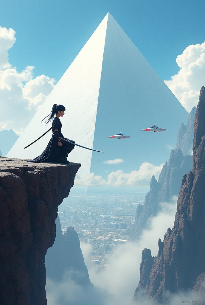 Hyper realistic, Ultra Detail, Best Quality, small look of a traditional swordgirl wearing black and tight clothes, squat in the edge of cliff, she have two daggers put cross in her back waist, looking from a far away distance a Gigantic Pyramid. The Pyramid is super bright white, the pyramid size is gigantic and massive, it seems like ten times bigger than everest mountain, below pyramid is future city with medium population. in the sky there are flying cars and police cars patroling.