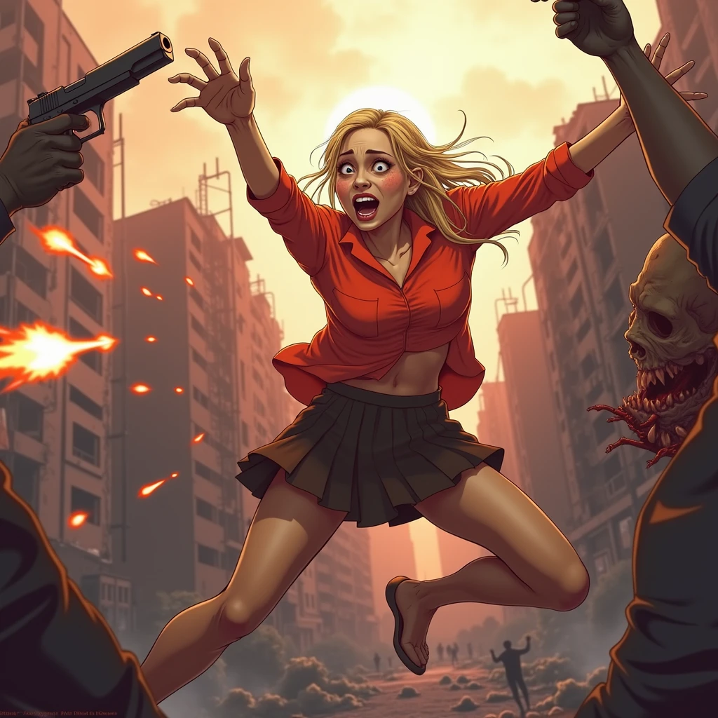 Zombie attacks a woman in a red shirt and skirt with a gun, Martin, Artgerm 和 Atey Ghailan, author：Ignacio Zuloaga, author Ryan Yee, Similar to Akira&#39;s style, Akira Art Style, Sachten&#39;s Style, Epic full-color illustrations, official art works, Background artwork, akira style illustration, Gunshots rang out，