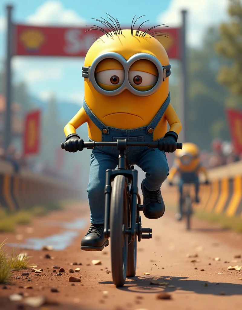 Minion Kevin black bike in Ultimate Bike Race, Kevin sees the finish line ahead.. He put all his strength into pedaling quickly to the finish line., 

Bicycle 