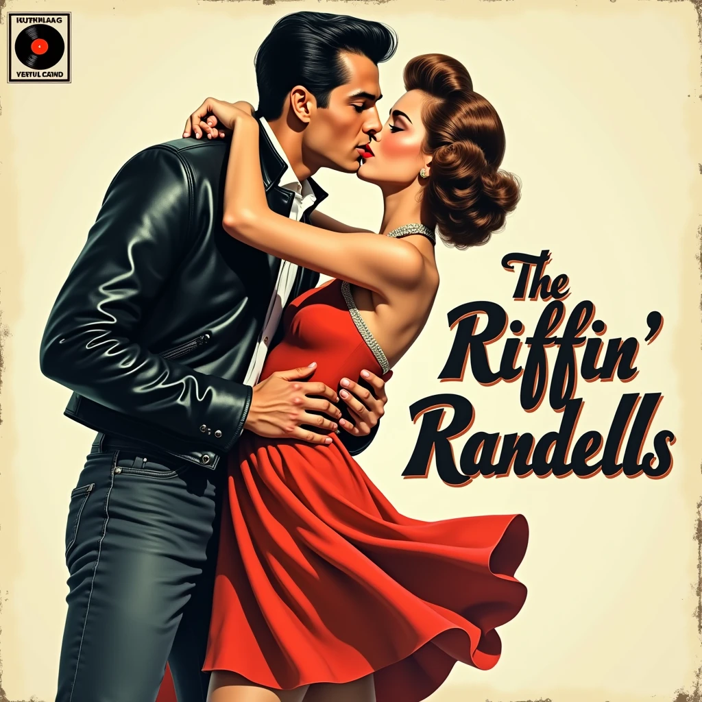 rockabilly guy kiss a rockabilly girl. A cover for a Vinyl with the Name "The Riffin´ Randells"