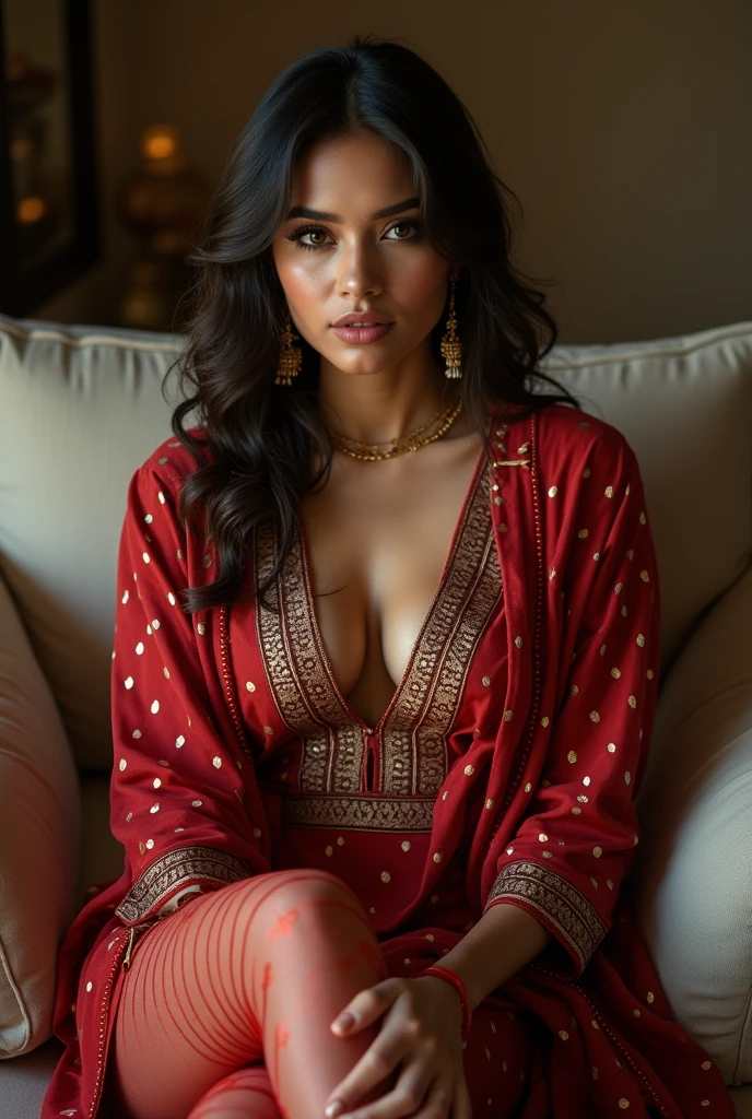 Create a Indian women image in leggings and kurti sitting on sofa hot big boobs and ass tight leggings front side image