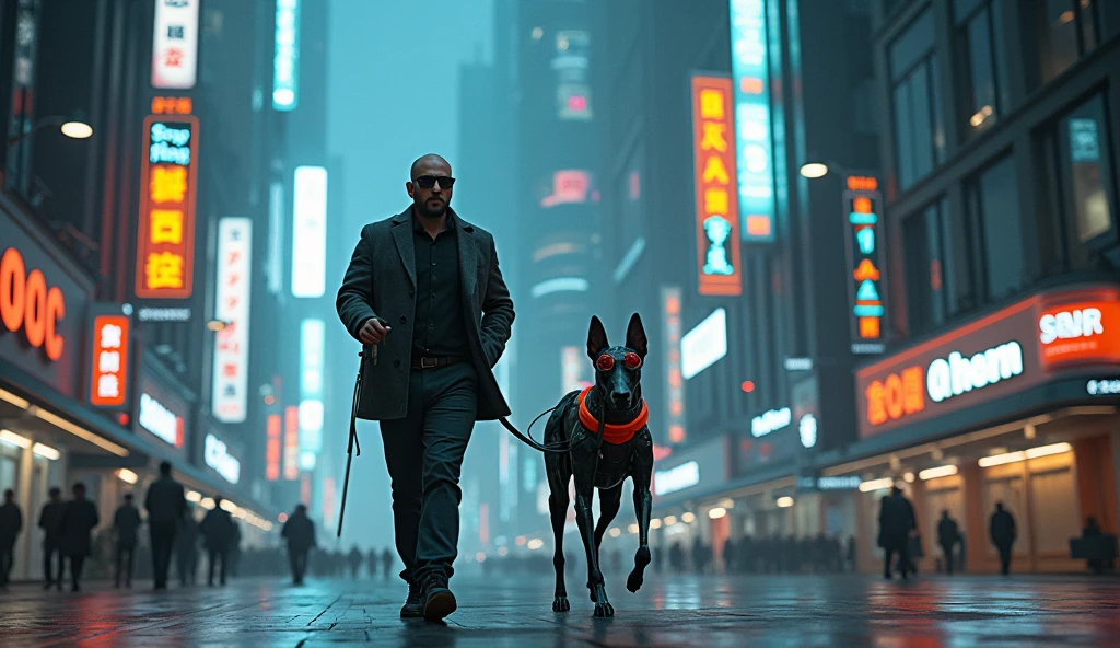 Futuristic street photography of a blind man, with dark glasses and a white cane, walking confidently with a robotic guide dog, (full body framing:1.2), navigating through a high-tech cityscape, neon and holographic lights illuminating the scene, shot from a low angle, on a Sony A7S III with a 24mm f/1.4 lens, (bokeh effect:1.3), (cyberpunk color grading:1.4), in the style of (Syd Mead:1.5)
