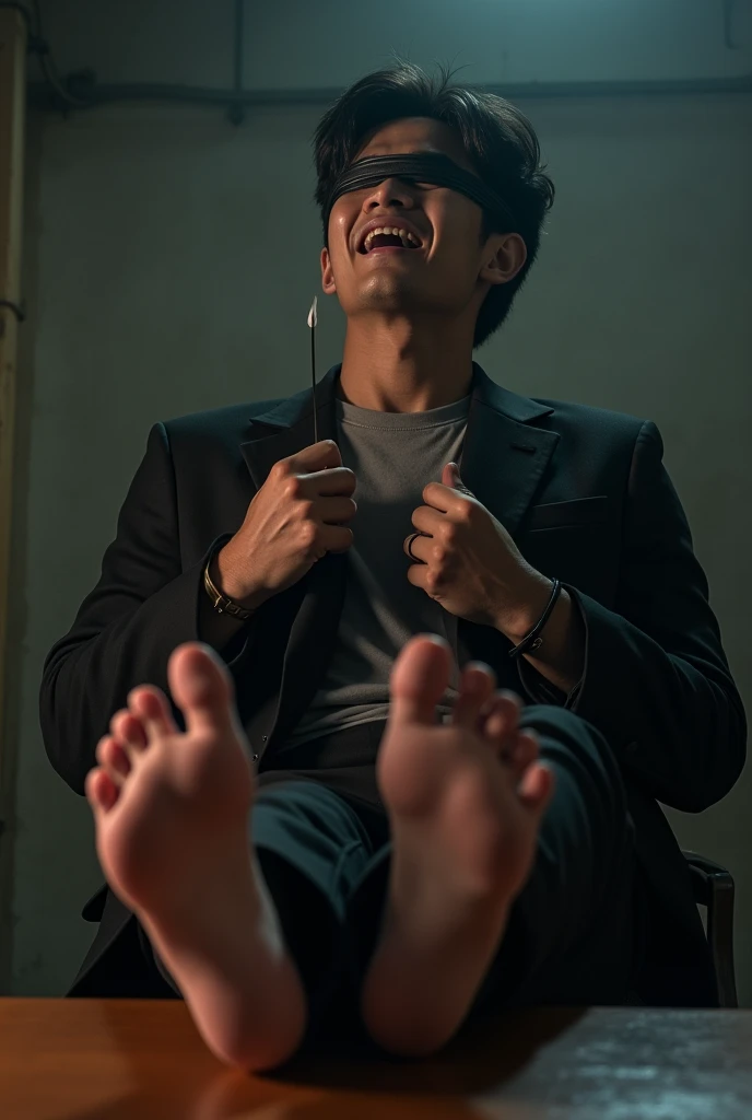 Malaysia malay handsome 23 years celebrity
His hand tied up behind with rope in warehouse and blindfolded
Black Suit and 
feet on desk
5 toes each feet 
He's  feet ticklish
A man tickle his feet
Focus on his feet tickle by feather
He laugh 