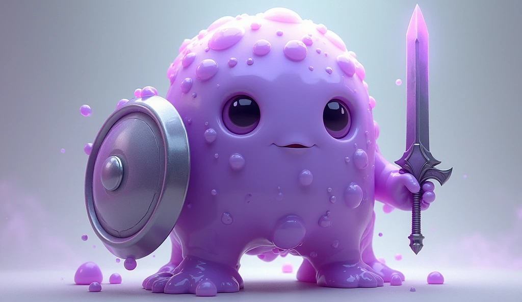 ((Highest quality)), ((masterpiece)), (detailed),A gel-like, disintegrating creature、Purple、No limbs、Holding a metal hero&#39;s shield in one hand and a metal hero&#39;s sword in the other、Her face is cute、One person、Gender: Male
