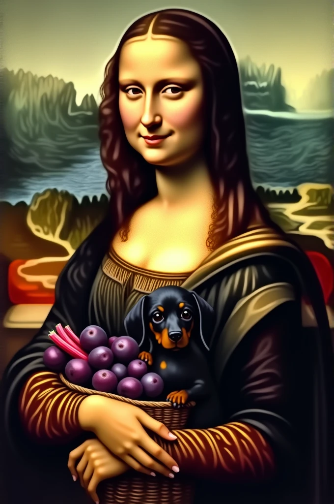 Mona Lisa s košíkom čiernych sliviek a rebarbory, roztomilé šteniatko čierny kratkosrsty jazvečík na kolenách a usmieva sa