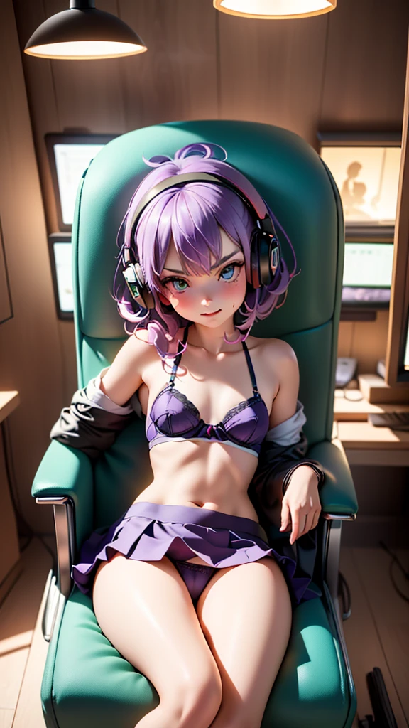 (ultra realistic, girl, short purple hair , angry  smile  , headphones, sitting, slumped in an armchair, in a futuristic cabin, surrounded by monitors, and olographic screens , view from above, green lights, flat chest, pre-adolescent. She looks with smug ,  bra , mini-skirt, visible panties. open legs 
