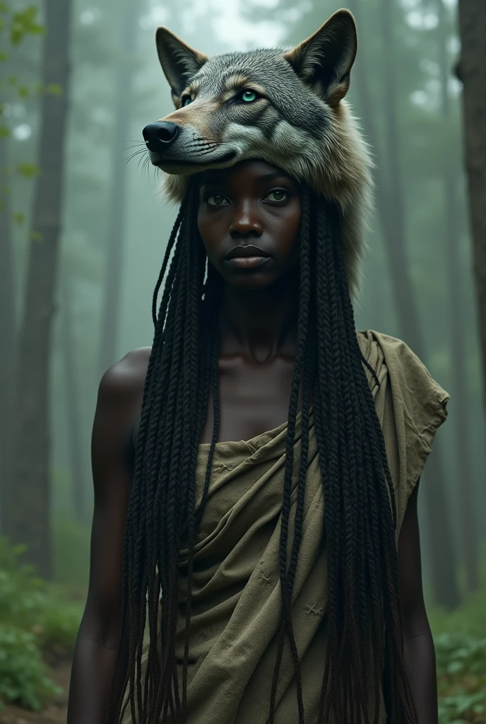 Only one
Only one 
Only one 2 girl with really dark skin 
Really dark skin 
Green eyes 
Long hair with African braids 
Using a gray wolf's head as a hood 
Using a small torn piece of cloth to cover her breasts