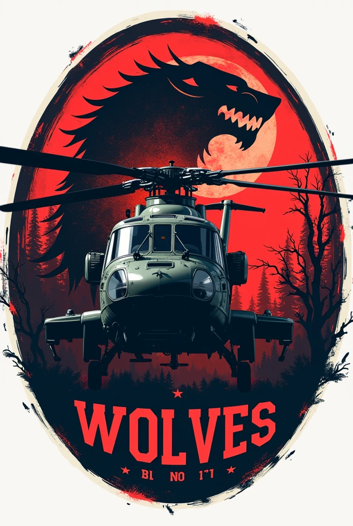 Create a circular patch of Aviation Squadron called Wolves having helicopter MI 171, with House Stark sigil, patch picture should be without background 