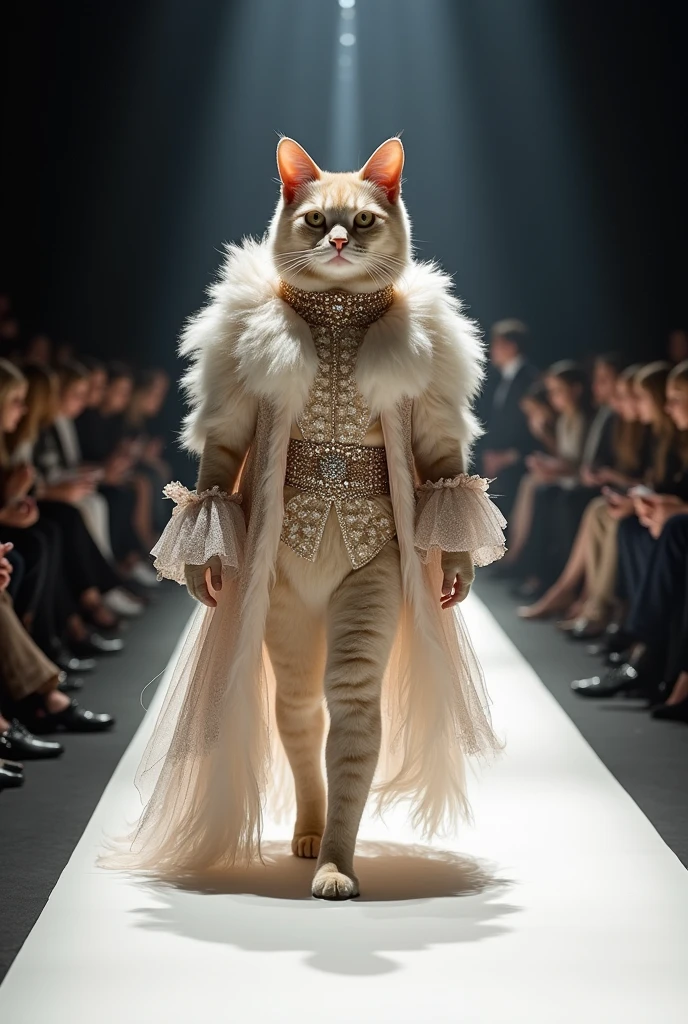 A beautiful cat cloth cutting salting different different rane standup walking down the runaway at a fashion show,