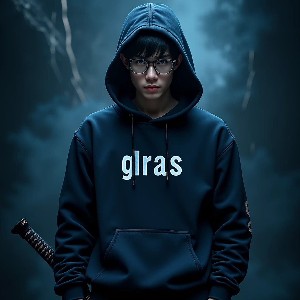 Create a character hoodie, {background: darkness blue vulcano}, backgound text HD: “GLBK”,
realistic, HDR, use glasses, handsome, korean style, full body, use katana, age 20, hoodie text: “PRAS”