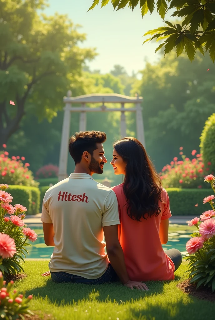 Make a beautiful handsome couple Boy name on his Shirt "HITESH" and girl name is "RIDDHU" on shirt and siting on a Beautiful Garden 
