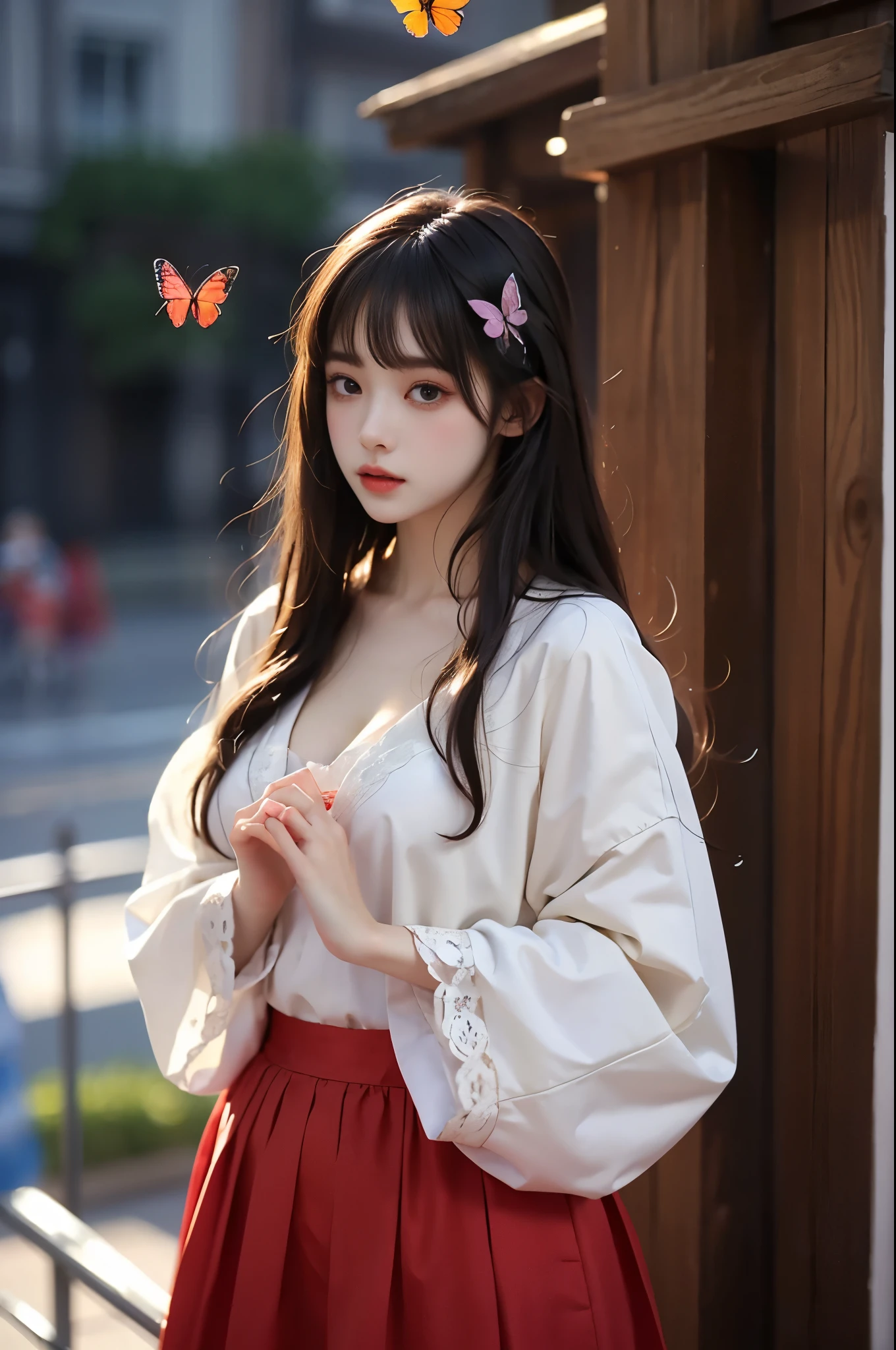  Elegant posture, She gently lifted her skirt with one hand,头发周围有白色的Butterfly兰，Lilac dendrobium、White Lily, Long legs , Deep in Wonderland, ((Flowing long hair))Official Art , Unity8k Wallpaper , Extremely detailed , Visible cleavage, Pretty and beautiful , 性感Long legs, masterpiece , best quality ,Practical, Very detailed illustrations ,Extremely detailed , Intricate details , Extremely complex and detailed , Very detailed 8KCG wallpaper , Caustics .reflection , Ray Tracing , Devil theme ,nebula ,Dark aura, Network Effects , (1 girl)solitary , 小蓝Butterfly , (Blue plasma flame , (insect , Butterfly)) Pastel tones in Rococo style ,Light white and light dark red , Incredibly beautiful , Cherry blossoms , Surrealism ,painting , Ethereal , Mixing reality and fantasy elements ,Ray Tracing , Complex Mode , Exquisite lines , Perfect your hands, Starry Sky , Colorful , Star