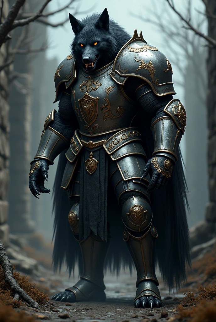 Black werewolf, yellow eyes, in Medieval knights armour