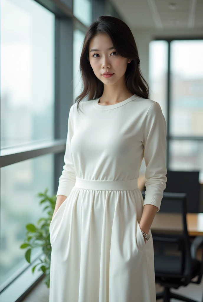 (masutepiece,High quality:1.3),(depth of fields:1.3) ,((front body:1.35)), Japanese ,woman, natural makeup,standard height, (White Long Sleeve Round neck T-shirt Maxi Tight Dress:1.2), (huge breasts:1.5), thicc, curvy,(Looking at Viewer:1.3),(full body:1.2),Inside the office by the window