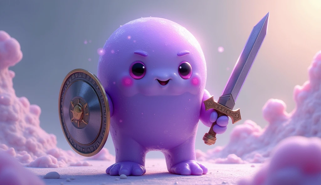 ((Highest quality)), ((masterpiece)), (detailed),A gel-like, disintegrating creature、Purple、No limbs、Holding a metal hero's shield in one hand and a metal hero's sword in the other、Her face is cute、One person、Gender: Male