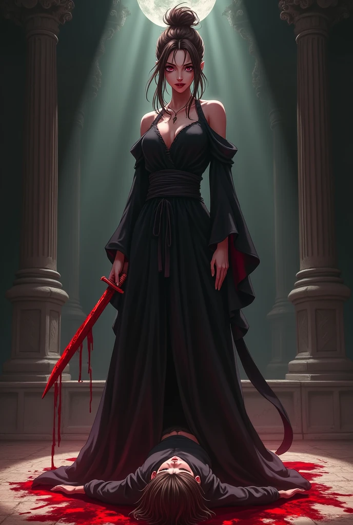 Anime style. Full body imagery of a Beautiful, evil cult leader with brown hair tied in a bun. Dark red lips curled up into a smile. Black blood stained robes tight against her perfect body. A bloody dagger in her hand as she completes another ritual sacrifice of a young boy. In a dark temple with a bloody sacrificial altar.